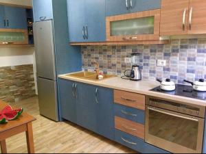 a kitchen with blue cabinets and a sink at Vieri apartments in Lukovë