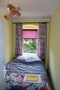 シュチェチンにあるMieszkanie Centrum Bon Turystycznyの窓付きのベッドルーム1室、本付きのベッド1台が備わります。