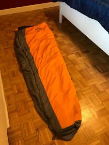 アトランタにあるDowntown Condo with a View Sleeps 4 5Dのベッド横の床に敷いたオレンジ色の寝袋