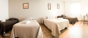パラス・デ・レイにあるペンシオン プラザのベッド3台、毛布、ソファが備わる客室です。