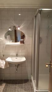 克拉姆萨赫Ferienwohnungen Freundsheim的带水槽和带镜子的淋浴的浴室