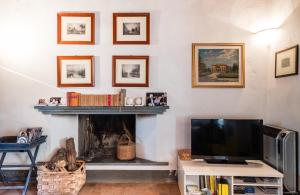 sala de estar con TV y chimenea en The Blue Villa en Lucca