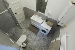 La salle de bains est pourvue d'un lavabo, de toilettes et d'une douche. dans l'établissement Tailor Apartment in the Center, à Budapest