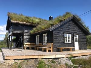 ホーヴデンにあるRemestøylflotti Hyttegrendの木のデッキ付草屋根の家