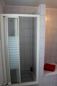 a shower with a glass door in a bathroom at Fewo Weitsicht in Wegberg