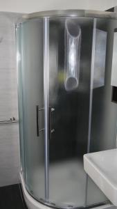 eine Dusche mit Glastür neben einem Waschbecken in der Unterkunft Všemina Apartman in Lužkovice