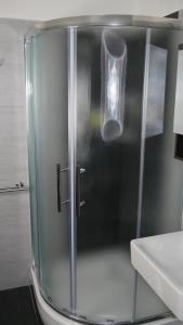 a shower with a glass door next to a sink at Všemina Apartman in Lužkovice