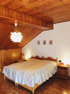 ポンテ・ネッラルピにあるBed&Breakfast Zattieriの木製の天井のベッドルーム1室(大型ベッド1台付)