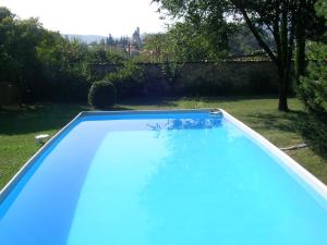 a large blue swimming pool in a yard at La Patirana Guesthouse in Zandobbio