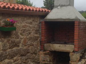 un horno de ladrillo con una maceta de flores en una pared de ladrillo en Casa Louro, en Frije