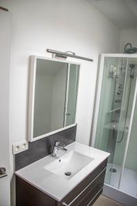 a bathroom with a sink and a shower with a mirror at Jules place in Wakken