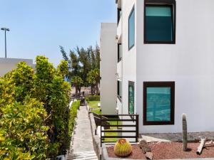 サンアグスティンにあるBeachfront Apartment Siesta 21 San Agustin Playa by VillaGranCanariaの茂みの白い建物の横のベンチ