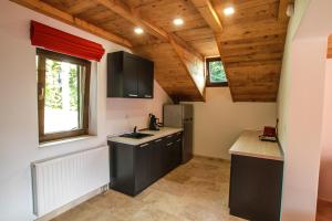 a kitchen with black cabinets and wooden ceilings at Vila Vista Sovata in Sovata