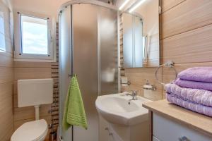 een badkamer met een wastafel, een toilet en een spiegel bij Apartment Tena in Veli Lošinj
