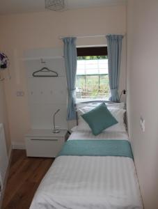 a bedroom with a bed with blue curtains and a window at Magnolia Self Contained Suites in Bristol
