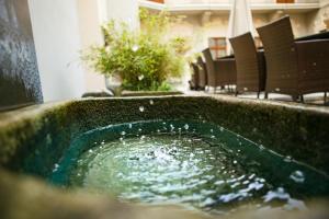 uma banheira cheia de água verde ao lado das cadeiras em Hotel U Zlateho jelena em Praga