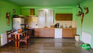 eine Küche mit grünen Wänden, einem Tisch und einem Kühlschrank in der Unterkunft Vila Eden in Porumbacu de Sus