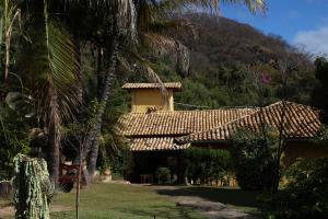 ein Haus mit einem gefliesten Dach und Palmen in der Unterkunft Pousada Lapa Grande in Serra do Cipo