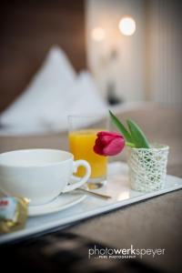 eine Tasse Kaffee und eine Blume auf einem Tablett in der Unterkunft Hotel APARTmenthouse in Rülzheim