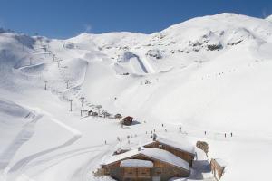 Vacancéole - Résidence Alpina Lodge في لي دوز آلب: كوخ التزلج في الثلج على جبل