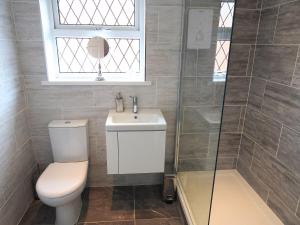 a bathroom with a toilet and a sink and a shower at Exquisite Apartment Hessle in Hessle +11 photos