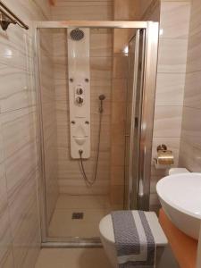 La salle de bains est pourvue d'une douche, de toilettes et d'un lavabo. dans l'établissement Costa Rampane, à Plitra