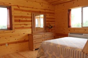 Dormitorio en cabaña de madera con cama y ventanas en Neshonoc Lakeside Camping Resort, en West Salem