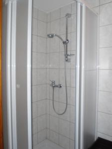 La salle de bains est pourvue d'une douche et d'une porte en verre. dans l'établissement Penzion Podhradí, à Český Krumlov