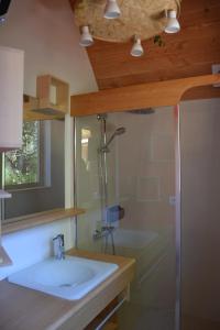 ein Bad mit einem Waschbecken und einer Dusche in der Unterkunft Cabanons Jour & Nuit in Mazan
