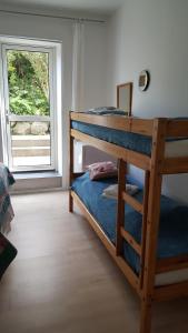 1 dormitorio con 2 literas y ventana en Thorup Guesthouse, en Knebel
