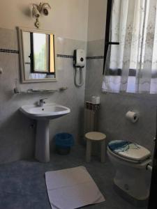 a bathroom with a sink and a toilet and a mirror at Hotel Ebe in San Piero a Sieve