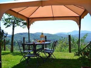 una mesa y sillas bajo una sombrilla en la hierba en Independent Tuscan Holiday Home with Garden and Valley views, en Pieve Fosciana