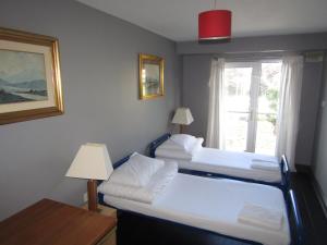 Duas camas num quarto com uma janela em Sleepzone Apartments em Galway