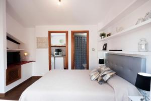 a white bedroom with a large bed and a television at APN Rio Darro in Granada