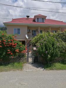 a house with a red roof and two bushes at Guest House Villa Roza in Gagra