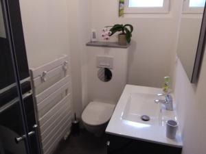 a small bathroom with a toilet and a sink at L'Orchidée in Lassay +30 photos
