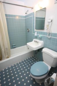 a bathroom with a toilet and a sink and a mirror at Quebec Motel in Wildwood