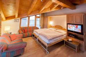 ツェルマットにあるアパートメンツ ツェルマット パラディースのベッドルーム(ベッド1台、テレビ、ソファ付)