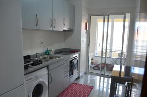 uma cozinha com um lavatório e uma máquina de lavar roupa em Enzo Apartament no Funchal