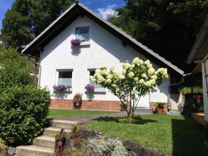 ein weißes Haus mit Blumen an den Fenstern in der Unterkunft Jakobs Hütte in Bad Berleburg