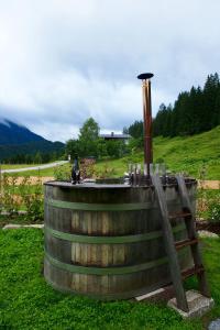 a wooden barrel in a field with a pipe at Ferienwohnung Almflair Chalet in Thiersee