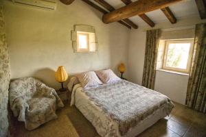 ein Schlafzimmer mit einem Bett, einem Stuhl und einem Fenster in der Unterkunft Maison de Charme dans Domaine 17ème in Tarascon