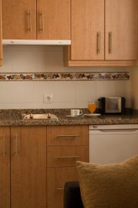 a kitchen with wooden cabinets and a counter top at Apartamentos la Fuente in Córdoba +13 photos