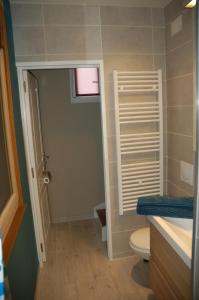 een kleine badkamer met een toilet en een raam bij L'Horizon des Landes in Doazit