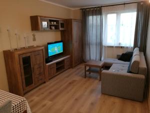 a living room with a couch and a tv at Apartament Kinio in Gdańsk