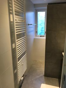 uma casa de banho com uma cabina de duche ao nível do chão e uma janela em Villa Anna with sauna in Winterswijk em Winterswijk