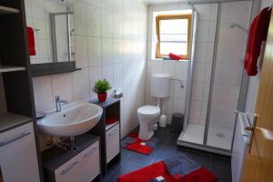 W łazience znajduje się umywalka, toaleta i prysznic. w obiekcie Ferienhaus Melmer Florian w mieście St. Leonhard im Pitztal