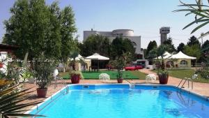 une grande piscine bleue avec des chaises et des arbres dans l'établissement Hotel Star, à Piteşti