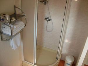 a bathroom with a shower, toilet and sink at Promohotel Slavie in Cheb