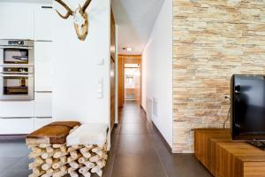 a room with a pile of fire wood and a tv at Gartenferienwohnung Ski In by A-Appartments in Brand +36 photos